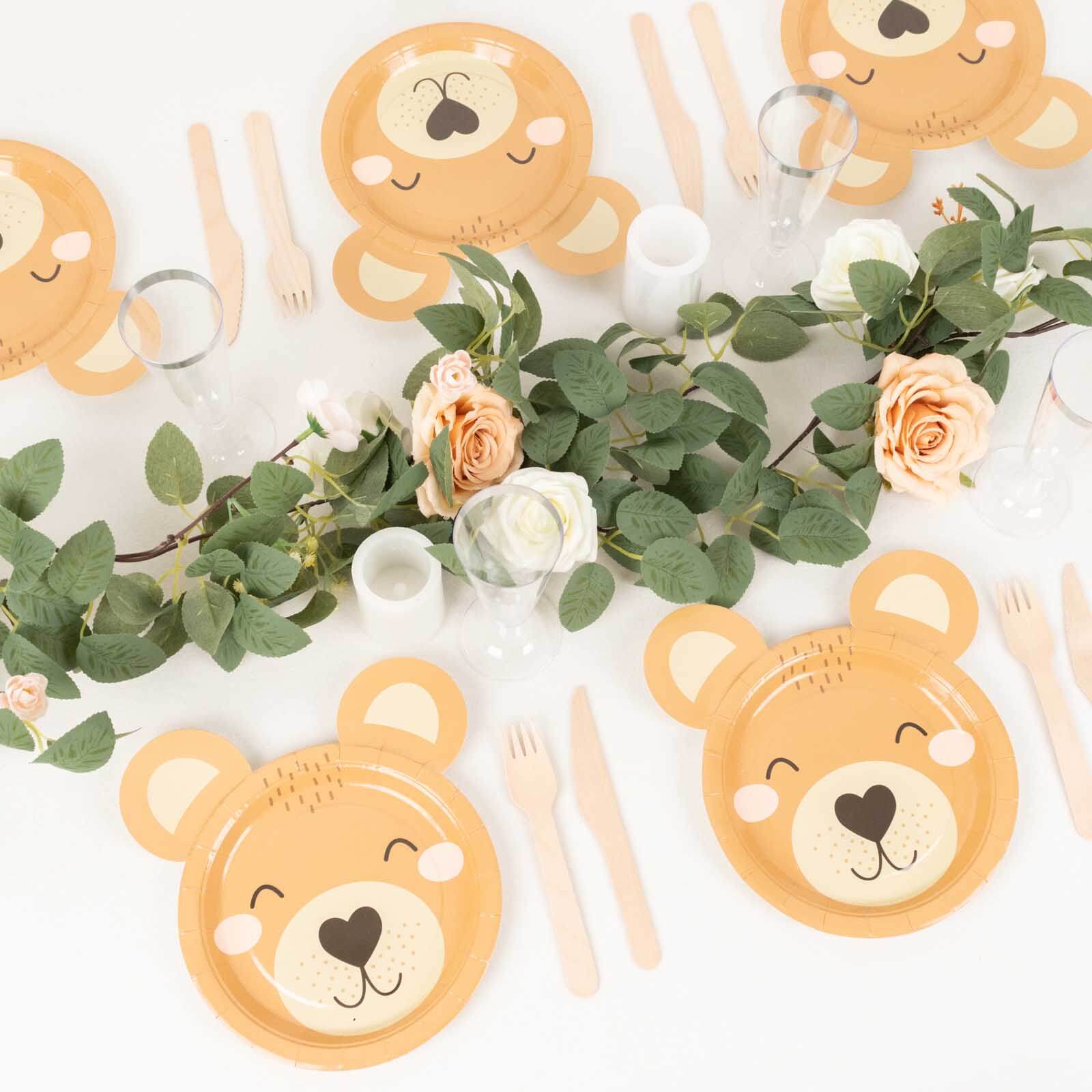 25-Pack Paper 7" Round Plates Brown Teddy Bear Print - Disposable 300GSM Cute Bear Themed Appetizer Dessert Party Plates for Baby Shower Birthday Event Decoration
