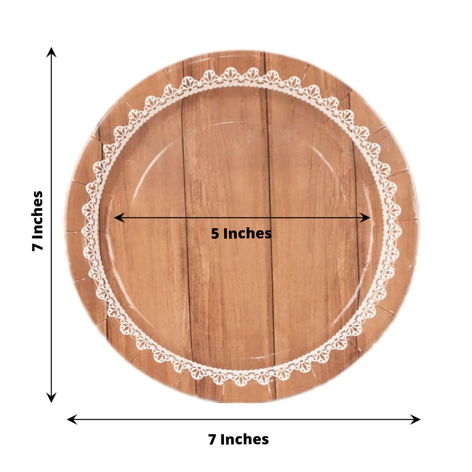 25-Pack Paper 7" Round Dessert Plates in Brown Wood Grain Print with White Floral Lace Rim - Disposable Appetizer Salad Plates for Rustic Farmhouse Style Events