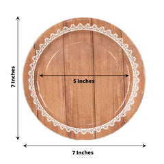 25-Pack Paper 7" Round Dessert Plates in Brown Wood Grain Print with White Floral Lace Rim - Disposable Appetizer Salad Plates for Rustic Farmhouse Style Events
