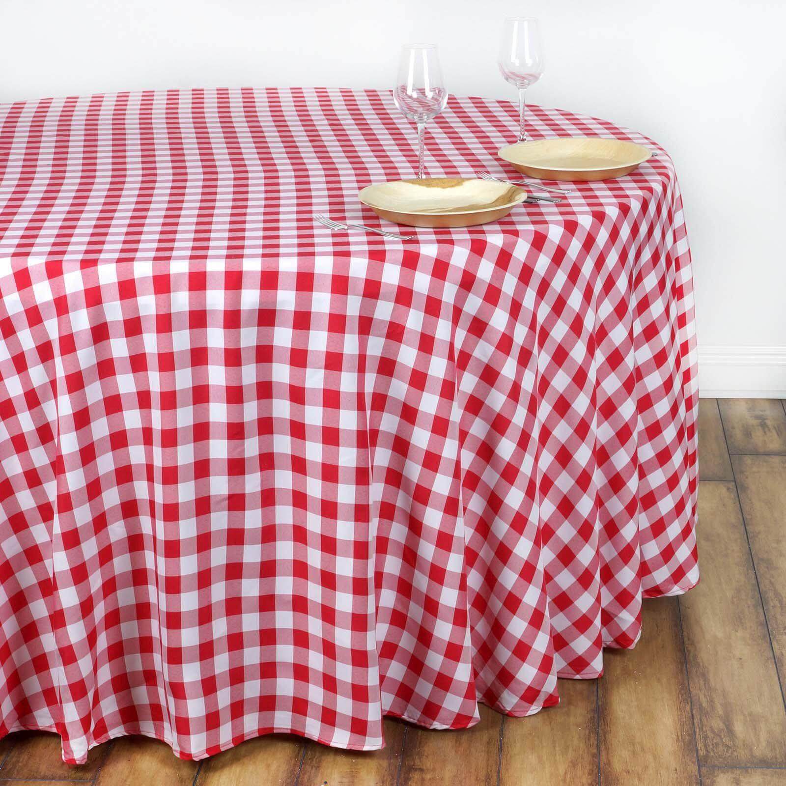Polyester 108" Round Tablecloth White/Red - Checkered Buffalo Plaid Table Cover