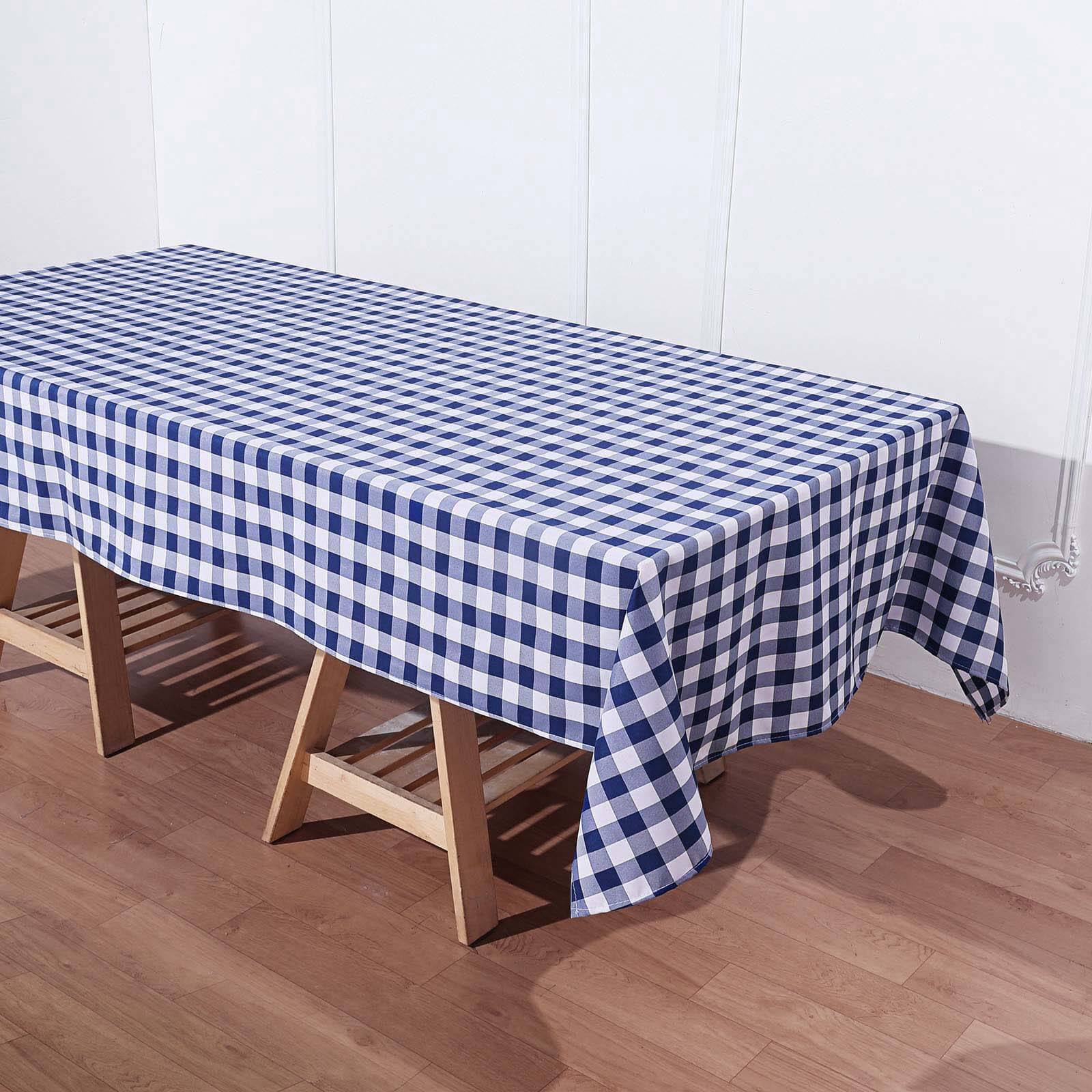 Polyester 60"x102" Rectangle Tablecloth White/Navy Blue - Checkered Buffalo Plaid Table Cover