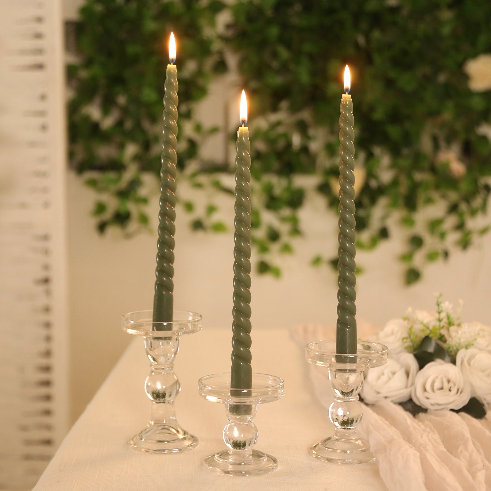 12 Pack 11" Dusty Sage Green Premium Unscented Spiral Wax Taper Candles, Long Burn Wick Dinner Candle Sticks