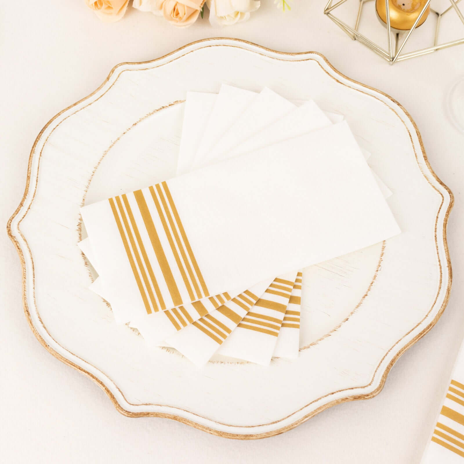 20 Pack Linen-Like Paper 8"x4" Napkins White With Gold Lines - Soft Hygienic Airlaid Guest Towels