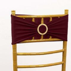 5 Pack Spandex Chair Sashes Burgundy with Gold Rhinestone Buckles - Reusable Four-Way Stretch Sash Bands 5"x14"