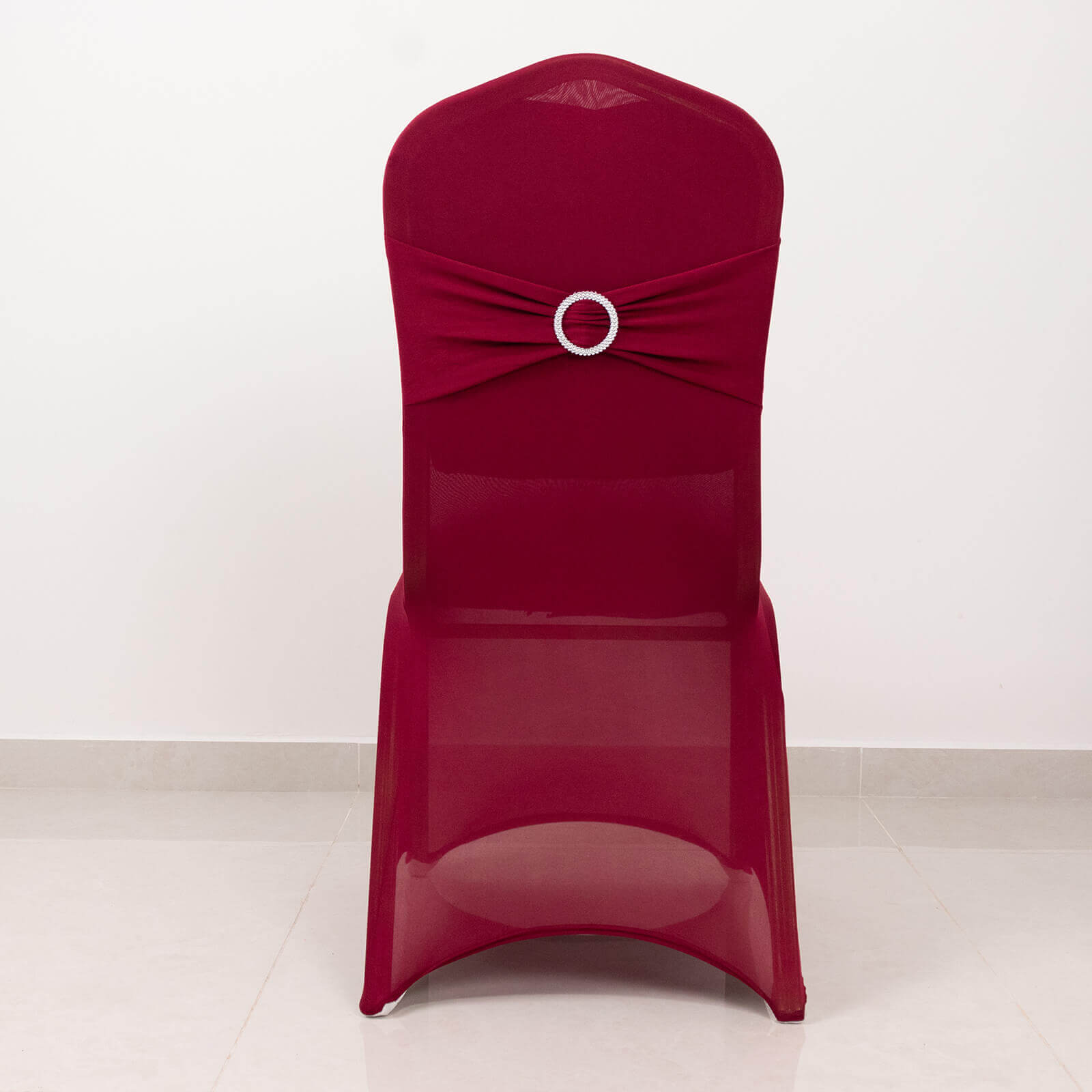 Spandex Chair Cover with Silver Rhinestone Buckled Sash Band Burgundy - Stretch Fitted Slipcover