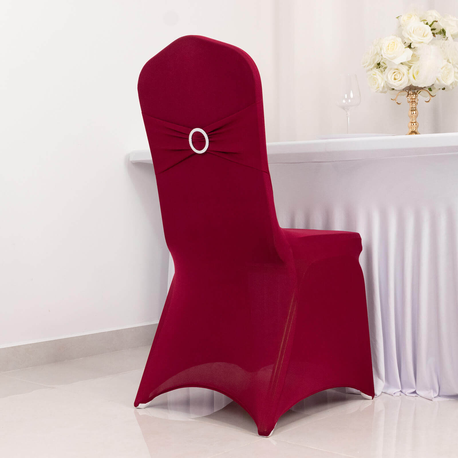 Spandex Chair Cover with Silver Rhinestone Buckled Sash Band Burgundy - Stretch Fitted Slipcover