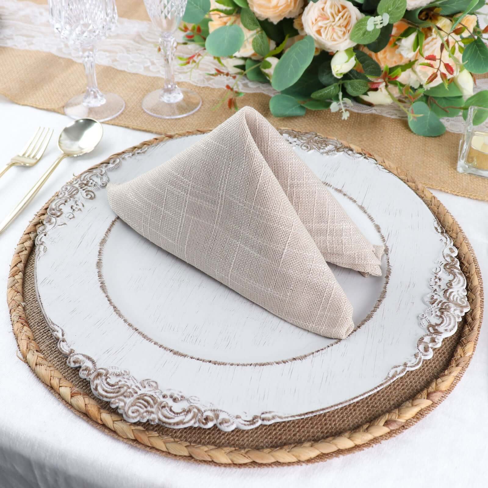 4-Pack Placemats Braided Edge Design Natural Burlap Jute Round - Rustic Farmhouse Style with Trim 15"
