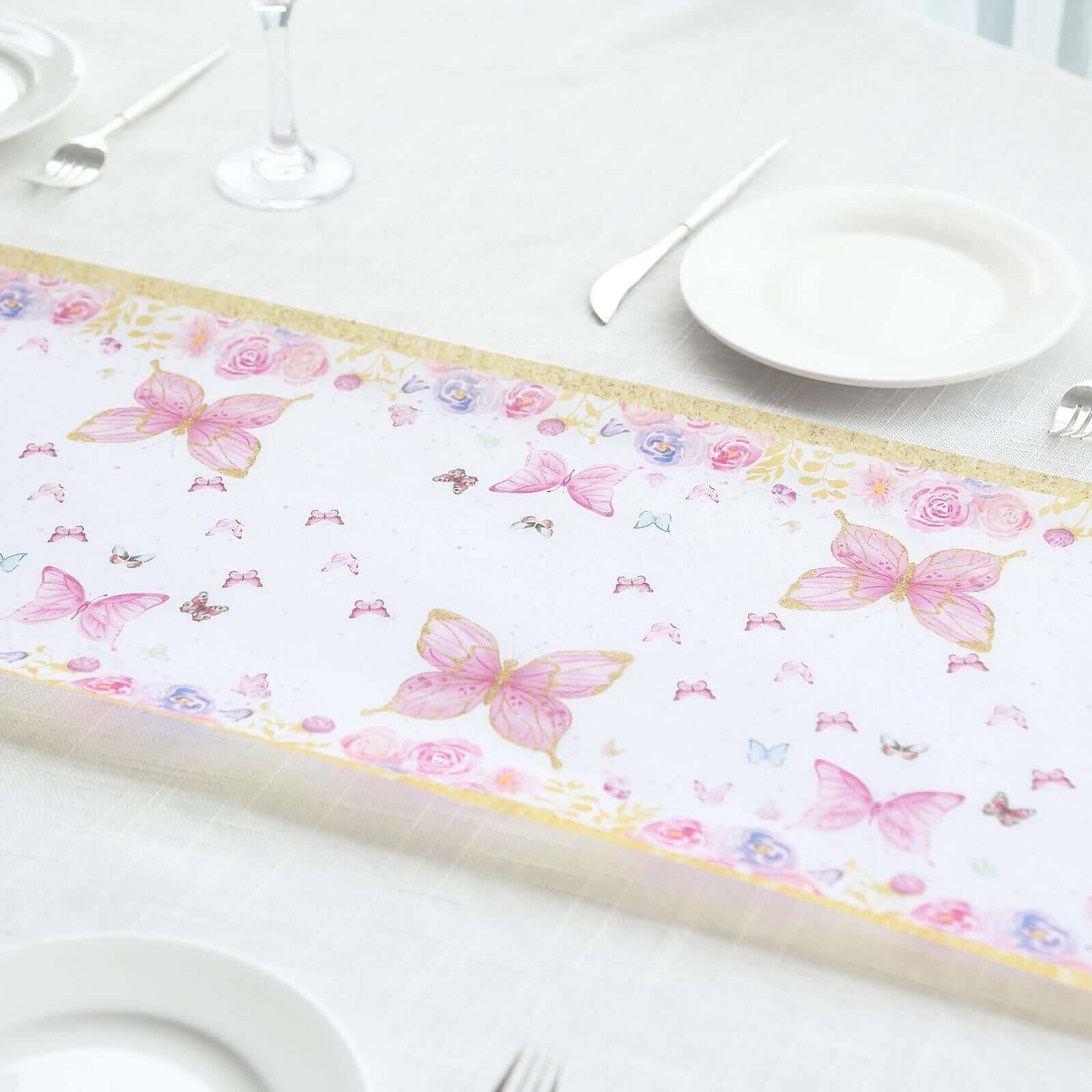 5 Pack Disposable Table Runners 11"x108" White with Pink Butterflies - Non-woven Stylish Spring Summer Dining Decor