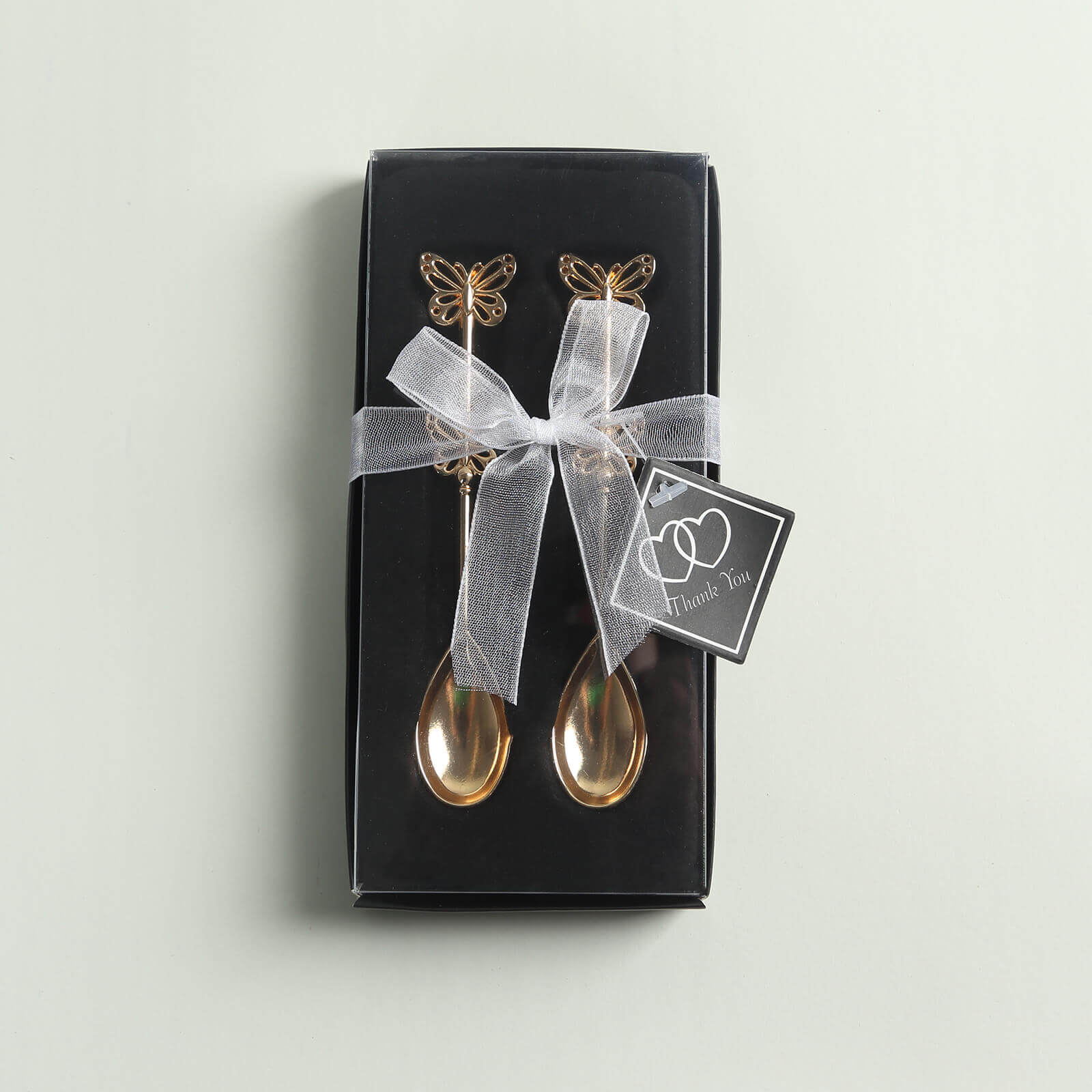 5 Pack Gold Metal Butterfly Handle Dessert Spoons in Clear Top Black Gift Box, Pre-Packed Mini Espresso Coffee Spoons Wedding Souvenir Gift with Thank You Tag and Ribbon - 4"