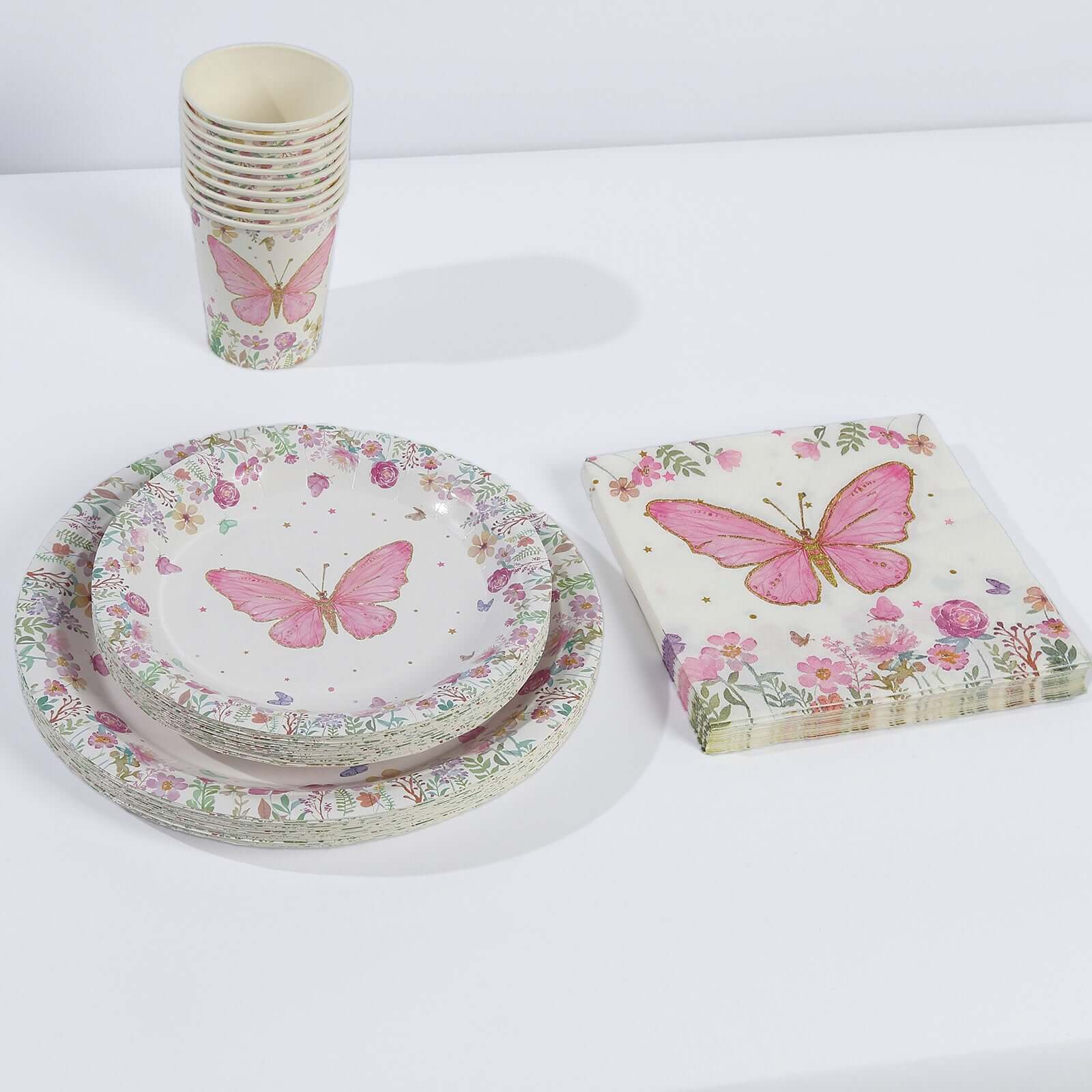 96 Pcs Paper Dinnerware Set with Butterfly Print White/Pink - Disposable Tableware Set with Plates, Cups, and Napkins
