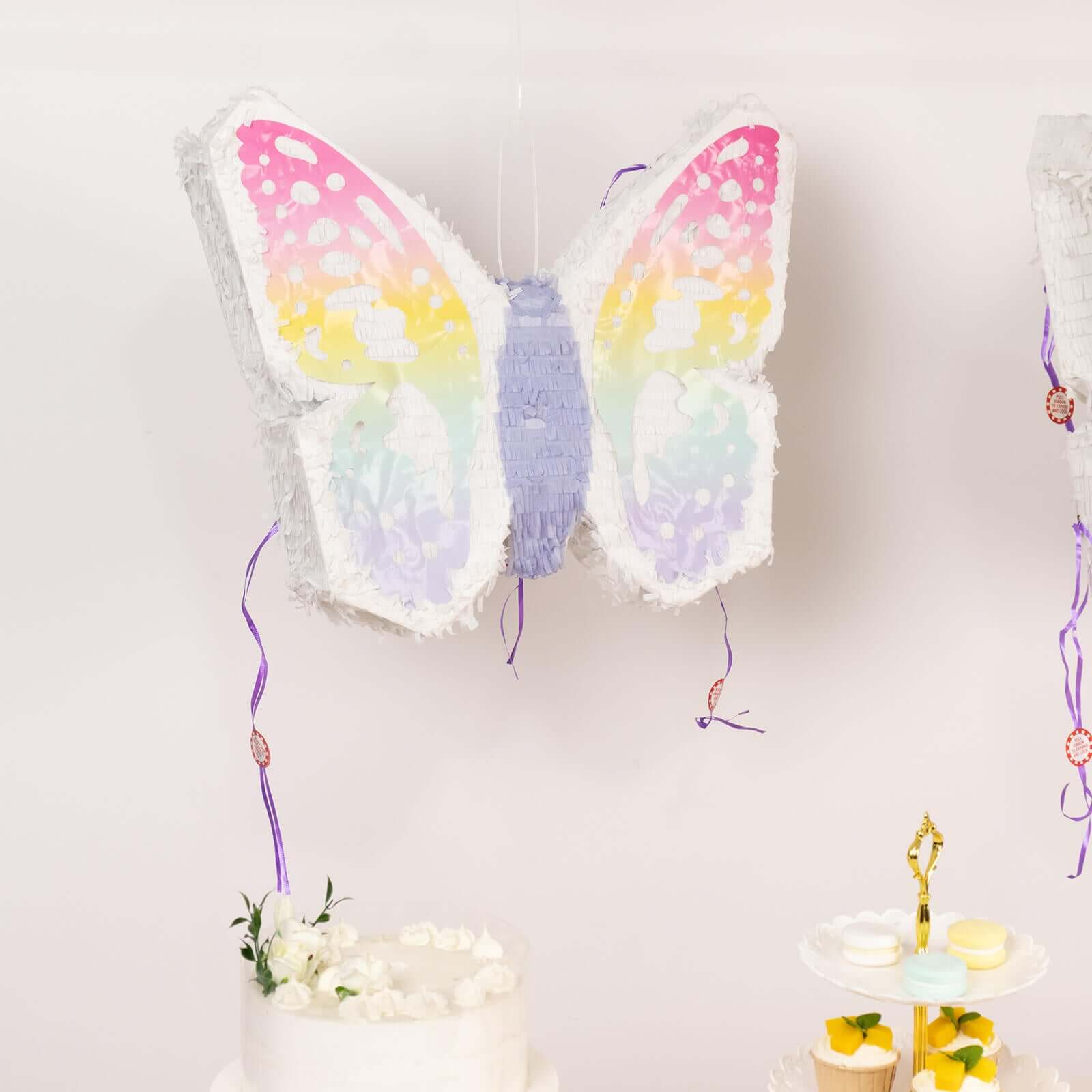 Expandable White Lilac Paper Butterfly Pinata Hanging Decor with Pastel Colored Wings, Fairy Themed Birthday Party Pinata - 23"x19"
