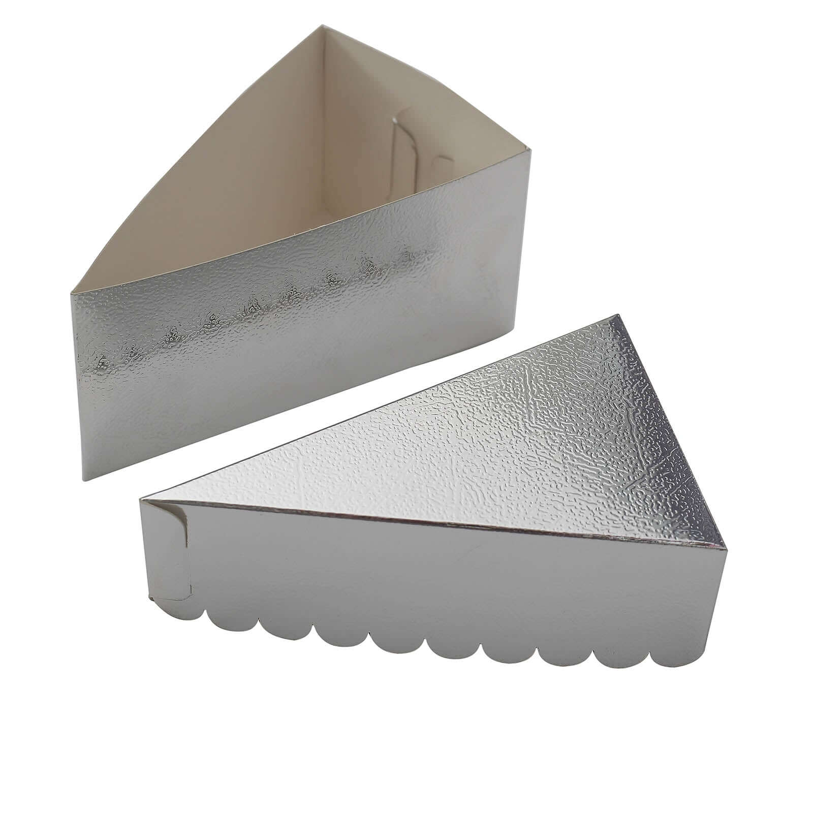 10-Pack Cardstock Triangle Cake Slice Boxes Metallic Silver with Scalloped Top - Decorative Takeaway Dessert Containers for Pie Snacks & Party Favors 5"x3"