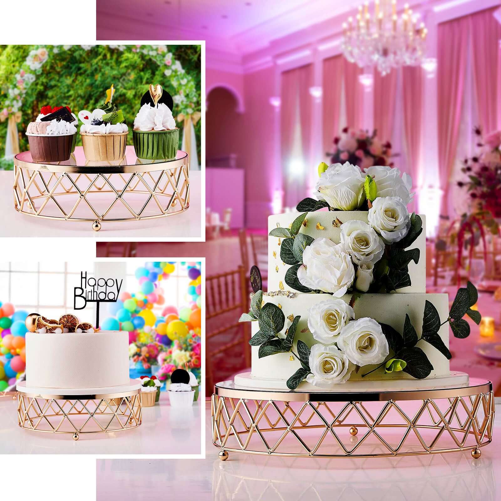 Metal Cake Stand Geometric Diamond Cut Design Gold with Glass Top - Dessert Display Riser 16"