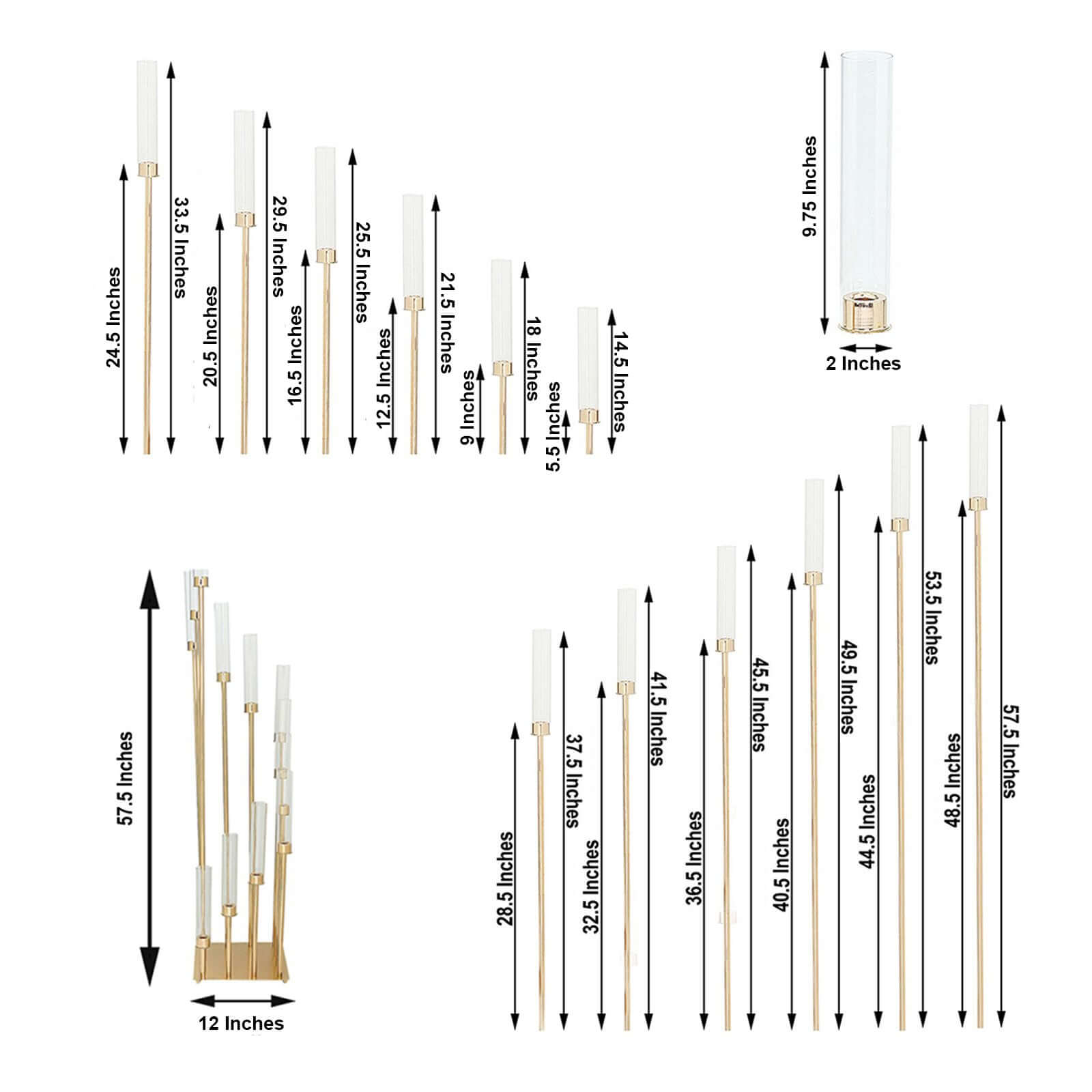 12-Arm Cluster Taper Candle Holder Gold with Clear Glass Shades - Grand Candle Arrangement for Events 57"