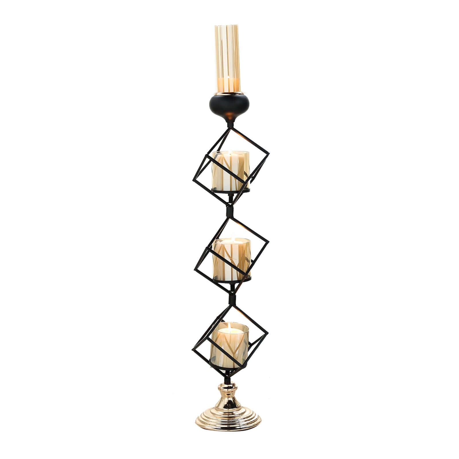 3-Tier Candle Holder Black Geometric Design with Amber Glass Votives & Gold Trim - Modern Decor for Weddings 28" Tall