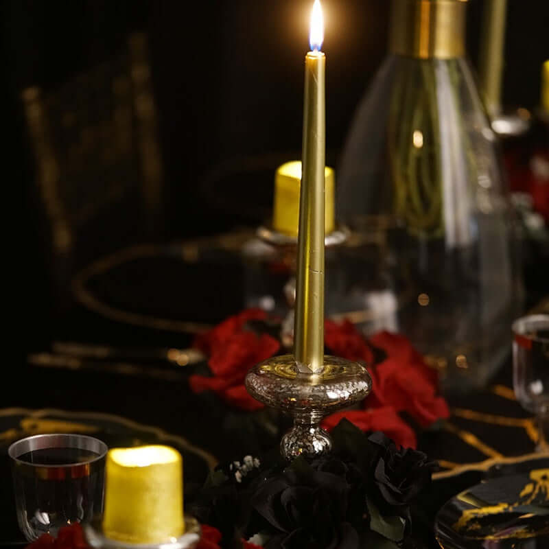 12-Pack Taper Candles Premium Wax Design Metallic Gold - Unscented Candles for Upscale Settings 10"