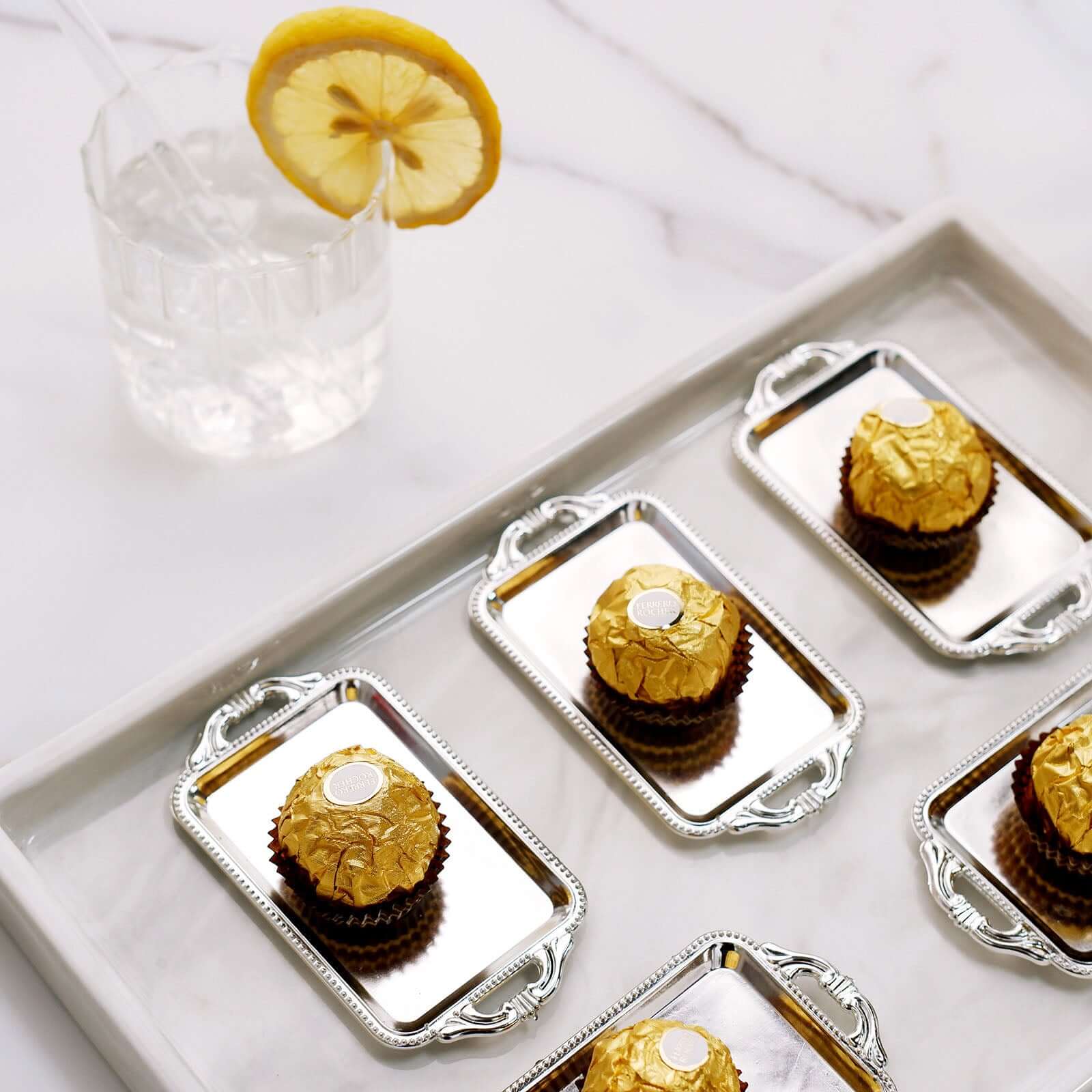 12-Pack Display Trays Party Favor Rectangular Design Silver - Mini Serving Platters for Candy and Desserts 4"