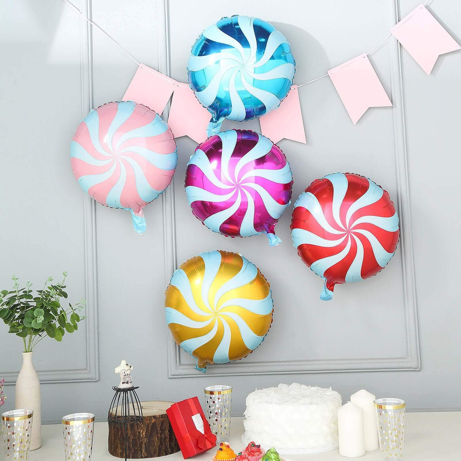 5 Pack 13" Candy Striped Swirl Print Mylar Foil Helium Air Balloons
