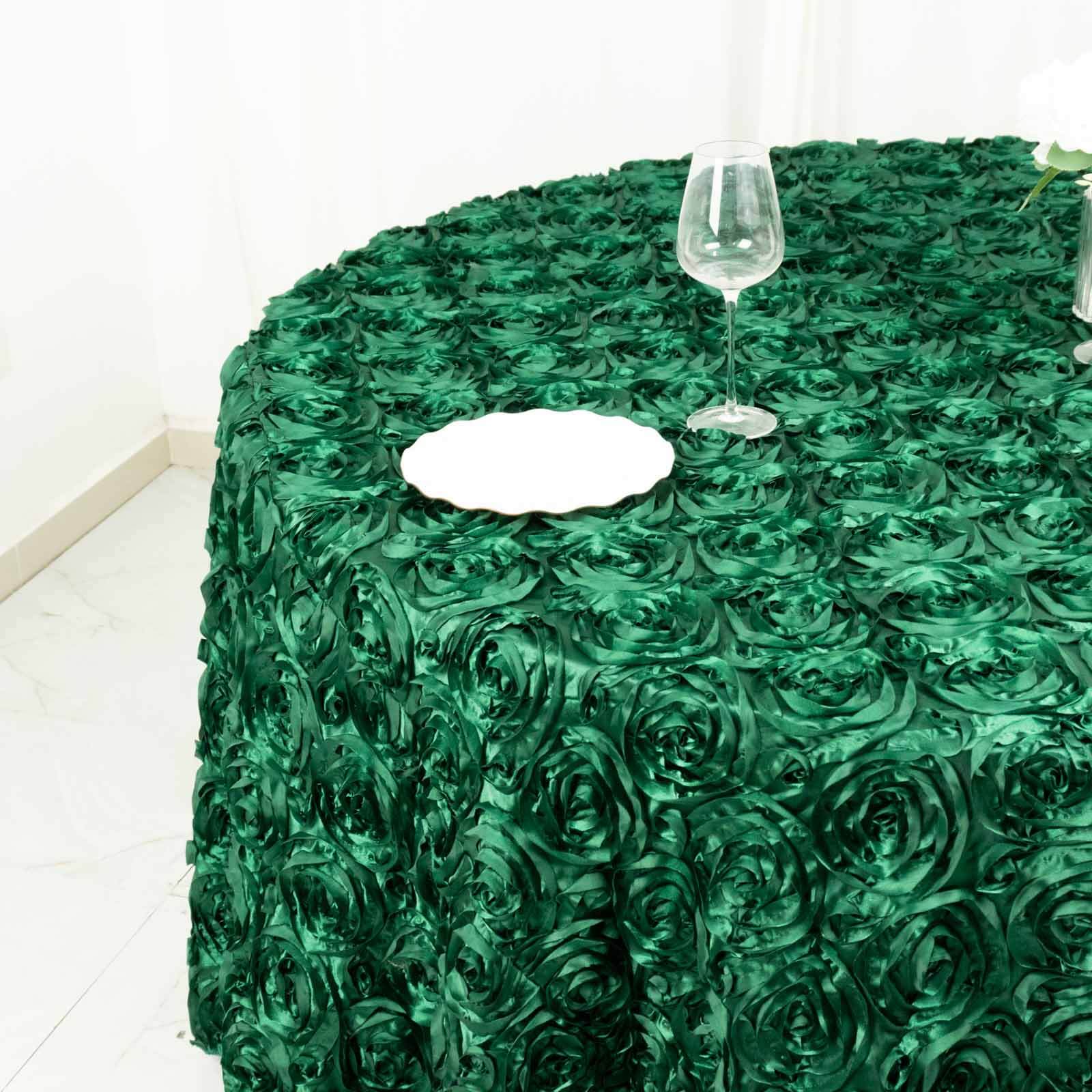 Satin 120" Round Tablecloth Hunter Emerald Green - Grandiose 3D Rosette with Seamless Finish Table Cover