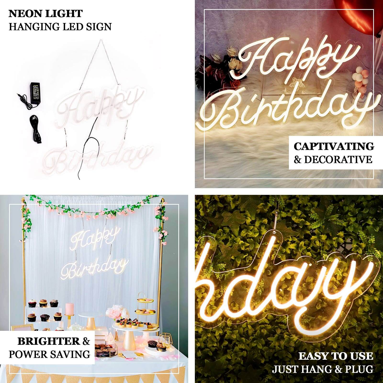 32" Happy Birthday Neon Light Sign, LED Reusable Wall Décor Lights With 5ft Hanging Chain