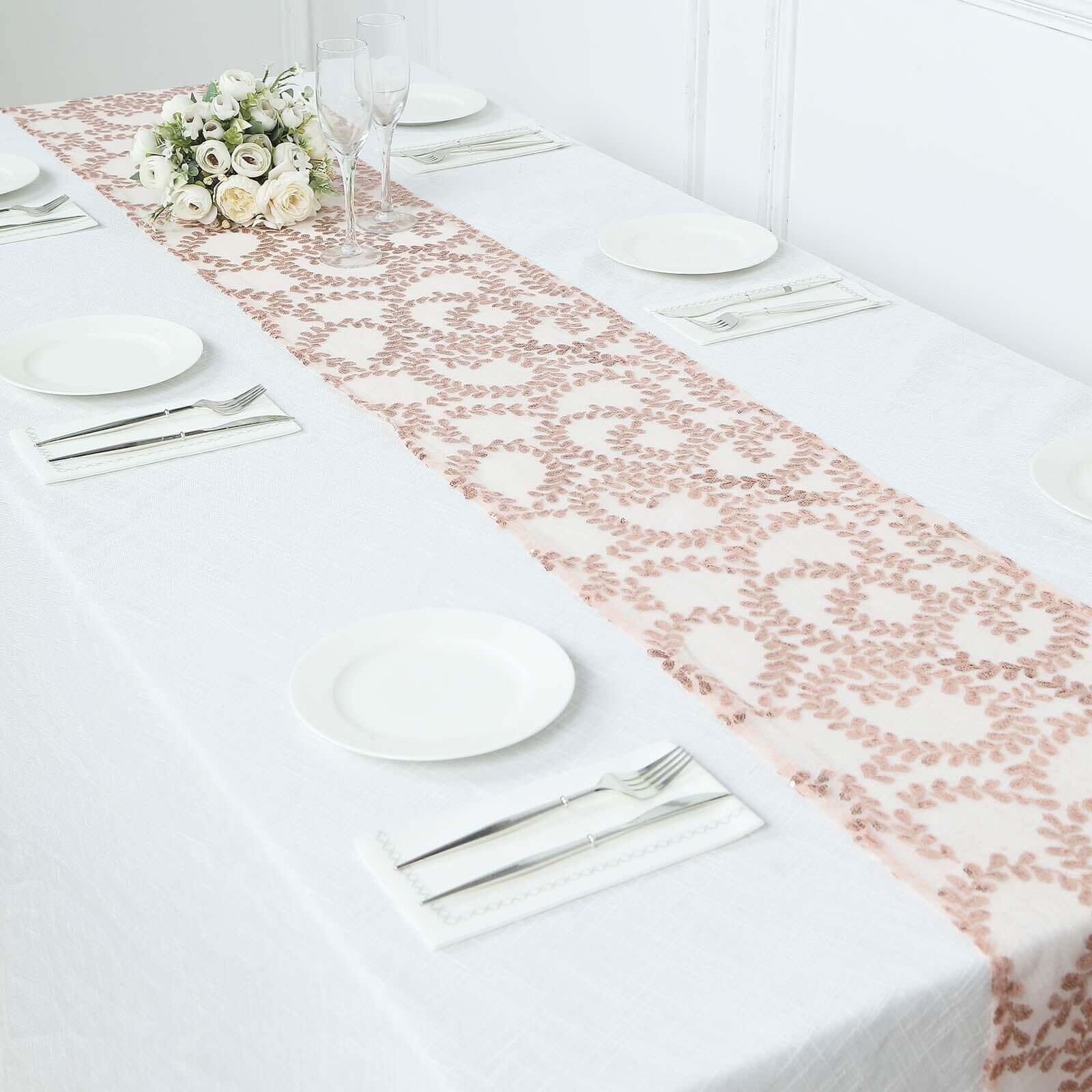 Mesh 12"x108" Table Runner Rose Gold - Leaf Vine Embroidery