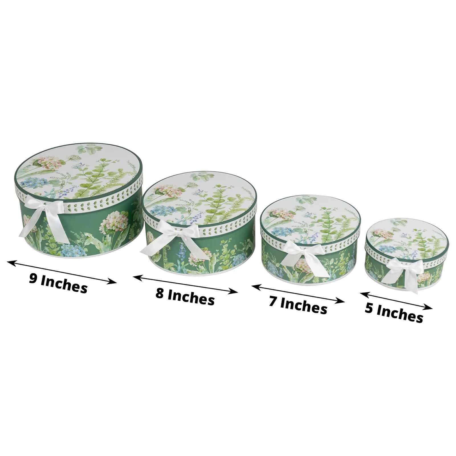 Set of 4 Cardstock Round Nesting Gift Boxes Greenery Theme Design - Decorative Heavy Duty Stackable Keepsake Boxes With Lids for Presents Storage & Pedestal Stand 5",7",8",9"