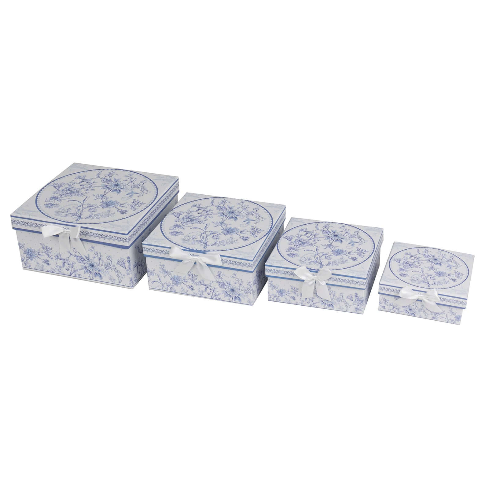 Set of 4 Cardstock Square Nesting Gift Boxes White Blue French Toile Design - Decorative Heavy Duty Stackable Keepsake Boxes With Lids for Presents Storage & Pedestal Stand 6",7",8",9"