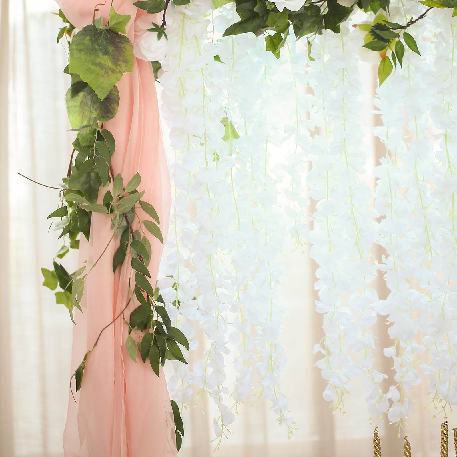 42" Silk Hanging Wisteria Flower Garland Vines in White, Elaborated 5 Full Strands in 1 Bush