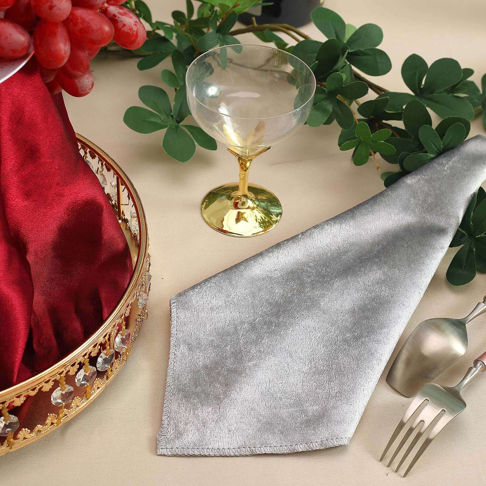 5 Pack Premium Velvet 20"x20" Napkins Silver - Soft Sheen Finish Cloth Napkins