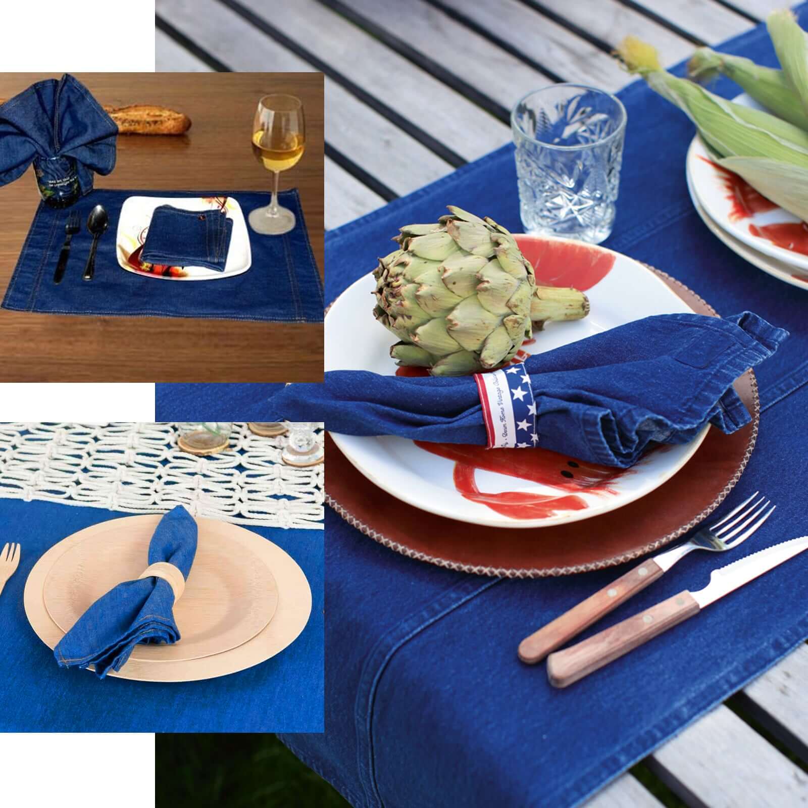 5 Pack Polyester 17"x17" Napkins Navy Blue Faux Denim Style Dinner Napkins for Casual Gatherings & Themed Events
