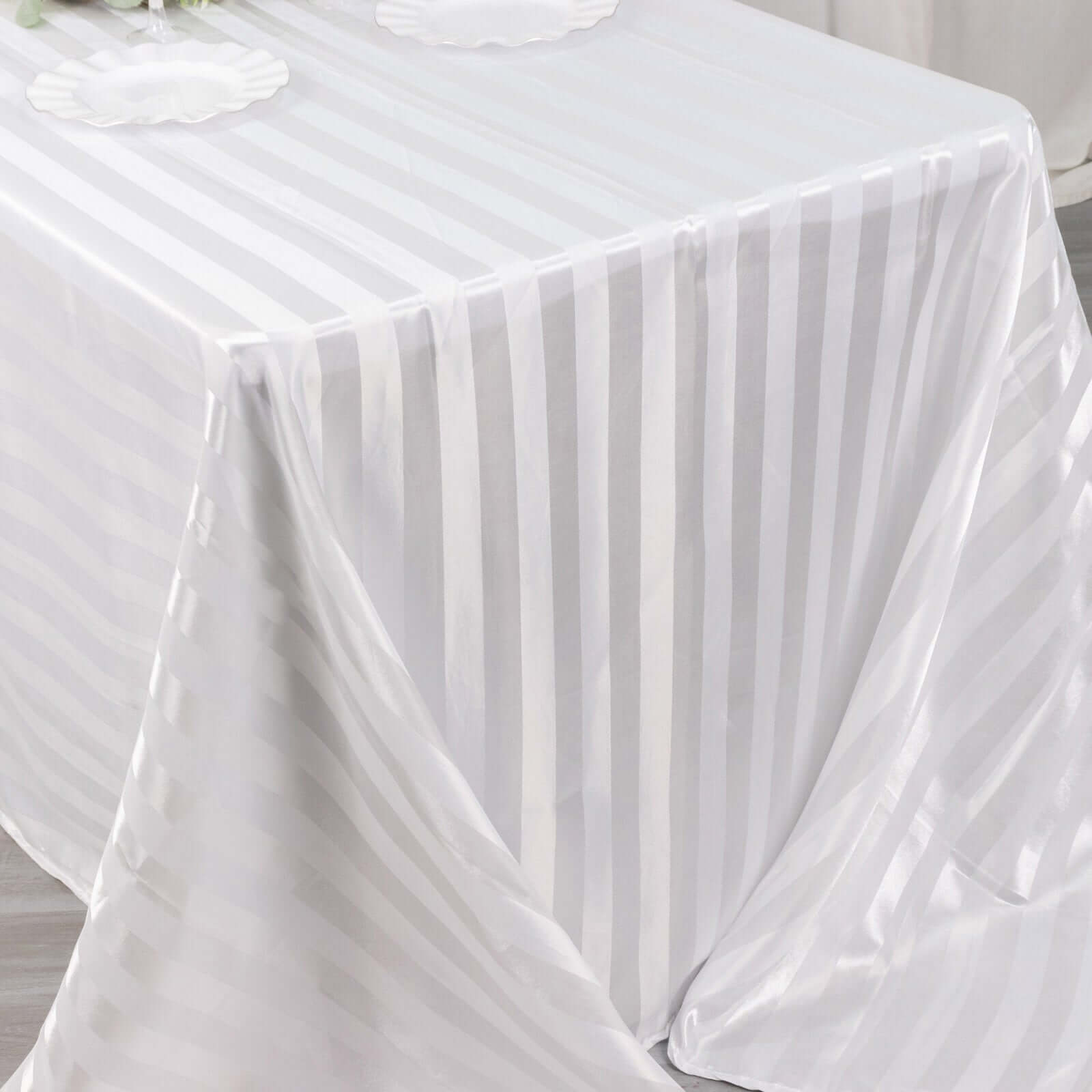 Satin Striped 90"x132" Rectangular Tablecloth White - Seamless Silky Smooth Wedding Decor