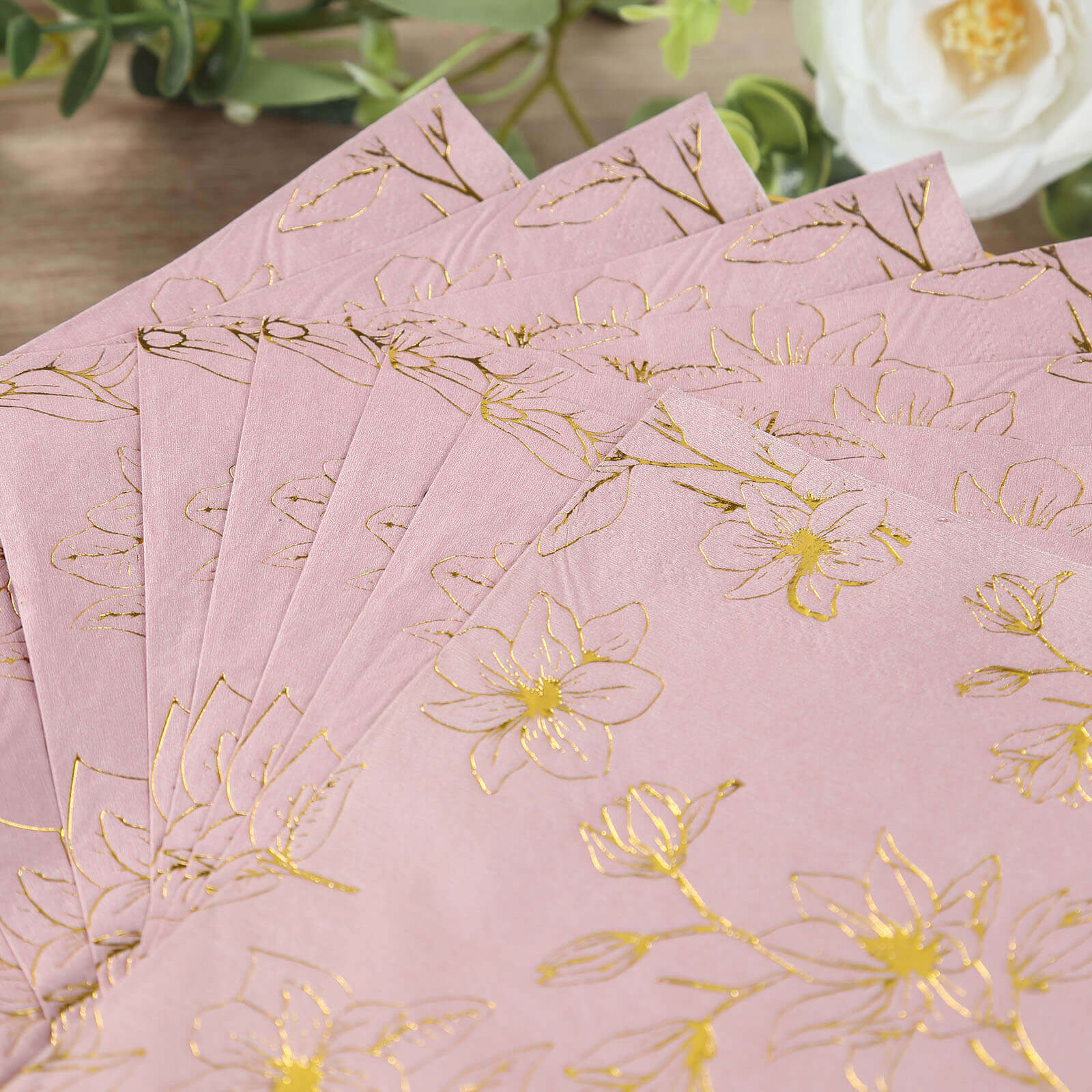 50-Pack Paper Cocktail Napkins with Gold Magnolia Flowers Print Dusty Rose - Highly 2 Ply Absorbent Soft Napkins for Beverages