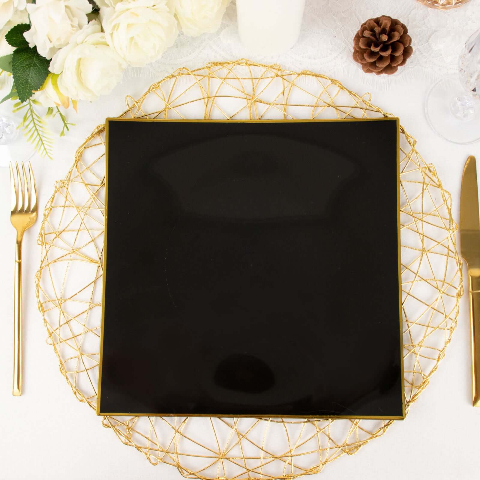 10-Pack Plastic 10" Square Dinner Plates in Black Concave Style with Gold Rim - Modern Disposable Party Plates