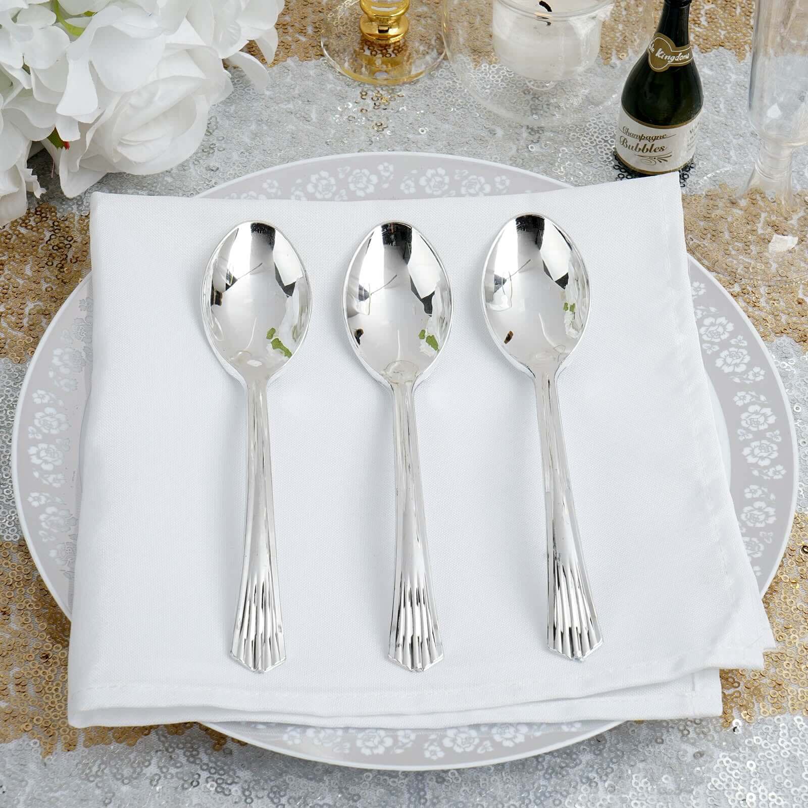 25-Pack Plastic Spoons Silver Heavy Duty with Fluted Handles - Reliable Disposable Cutlery 7"