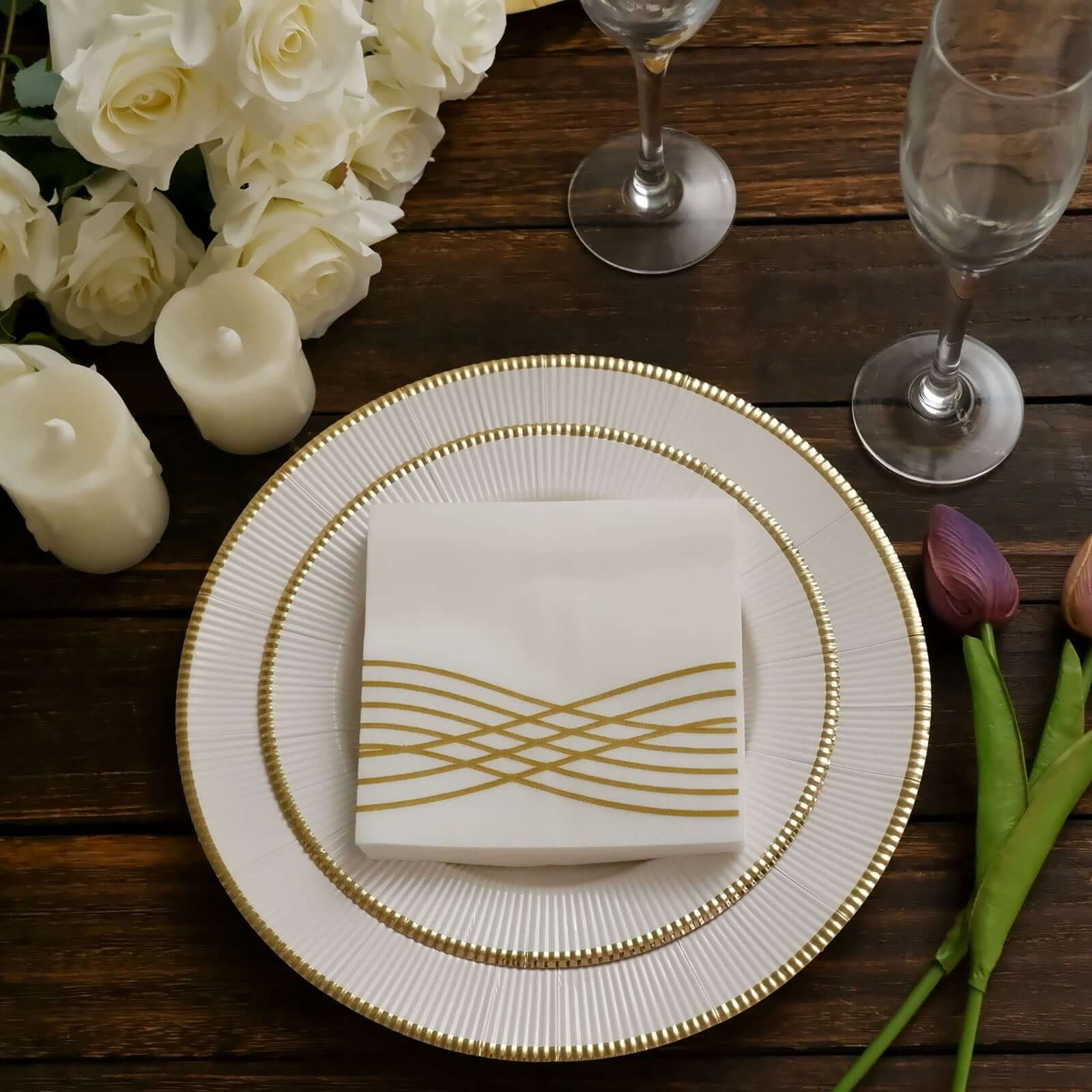 20 Pack Linen-Like Paper 5"x5" Napkins White with Gold Foil Wave Design - Classy Disposable Airlaid Cocktail Napkins