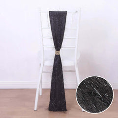 5 Pack Polyester Chair Sashes Black Metallic Tinsel Fringe - Easy to Use Chair Bows 6"x108"