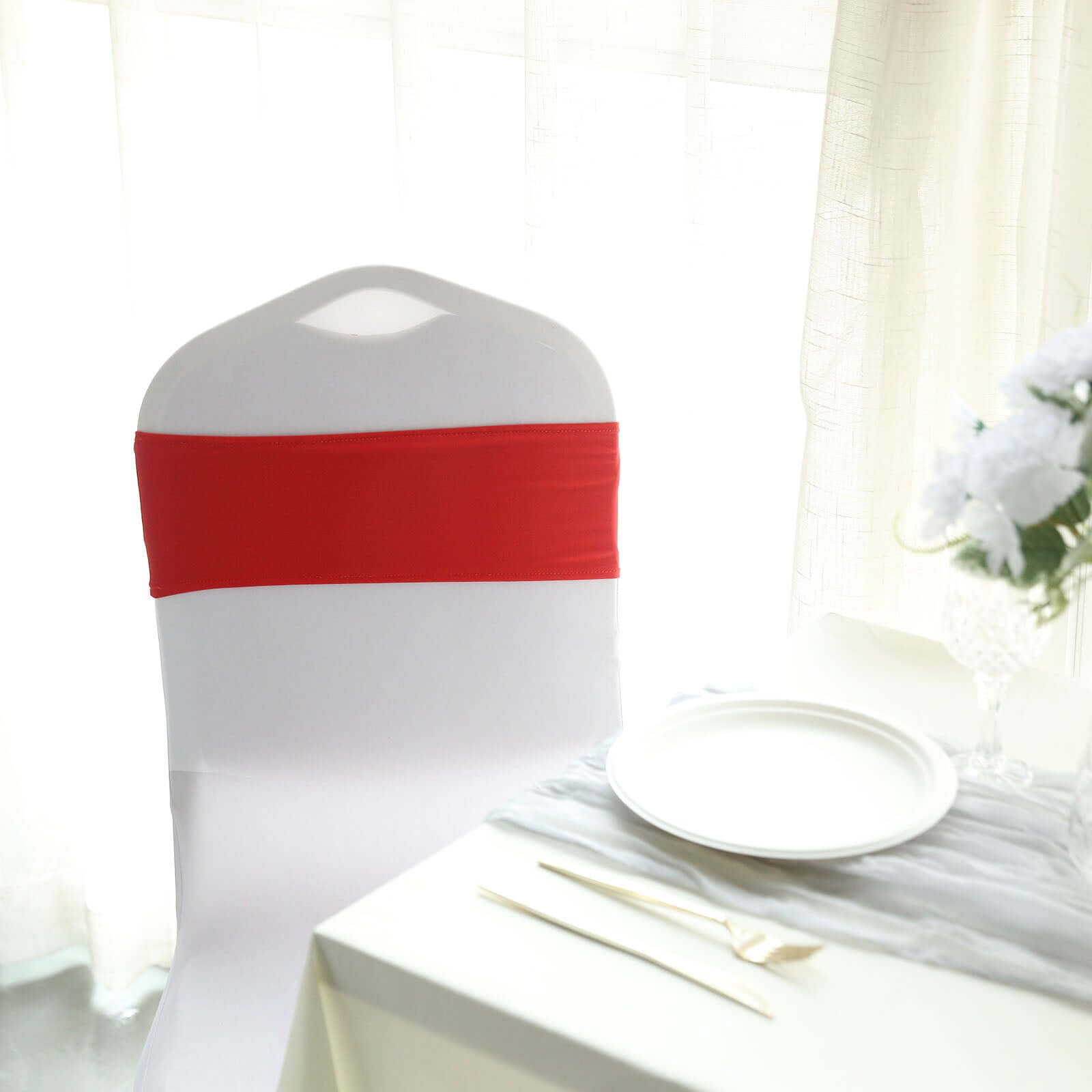 5 Pack Stretch Spandex Chair Sashes Red - Reusable Chair Bands with Silver Diamond Ring Slide Buckle 5"x14"