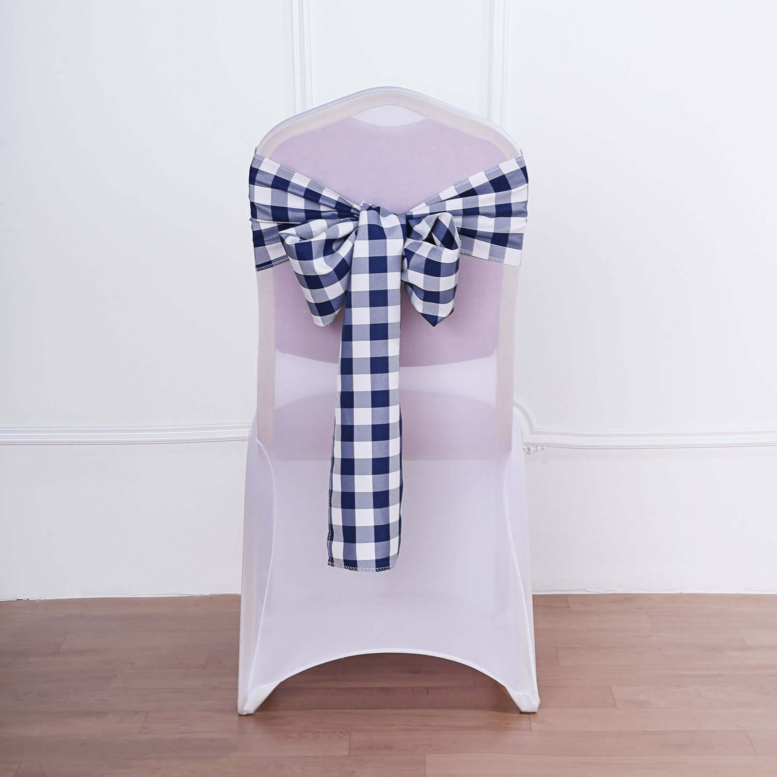 5 Pack Polyester Chair Sashes Navy Blue/White Buffalo Plaid - Durable & Reusable Chair Bows 6"x108"