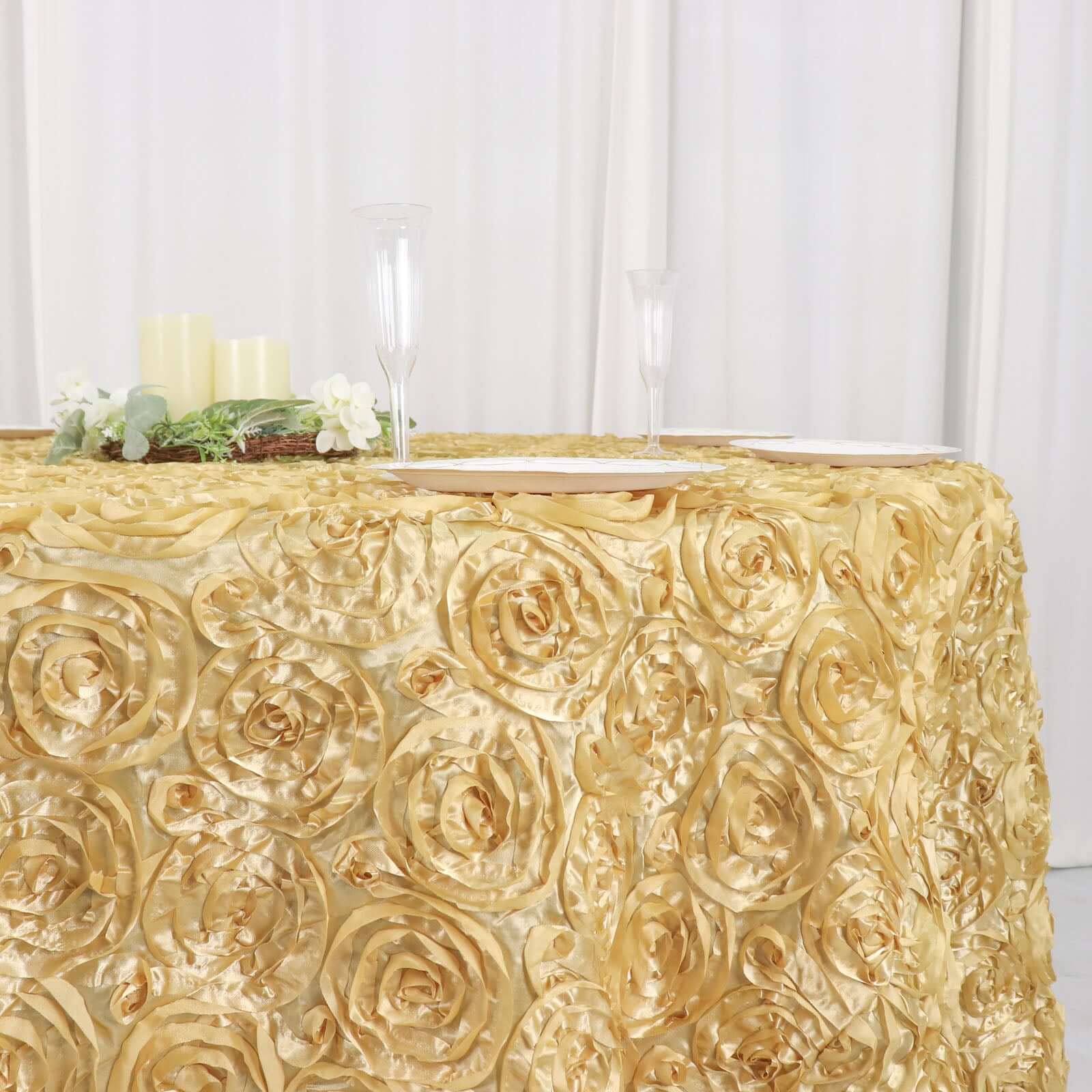 Satin 120" Round Tablecloth Champagne - Grandiose 3D Rosette with Seamless Finish Table Cover