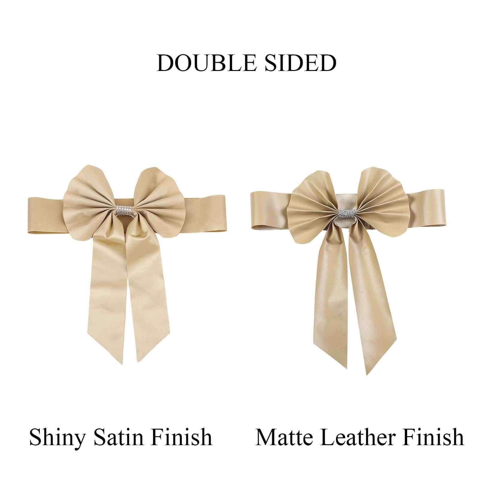 5 Pack Satin Faux Leather Chair Sashes Champagne - Durable Double Sided Pre-tied Bow Tie Chair Bands with Diamond Rhinestone Buckles