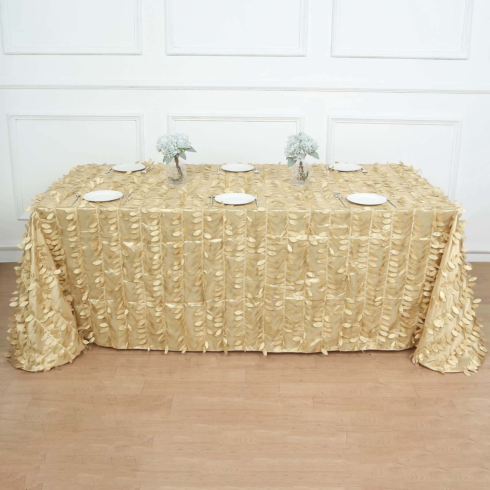 Taffeta 90"x132" Rectangle Tablecloth Champagne | 3D Leaf Petal Design Seamless Table Cover