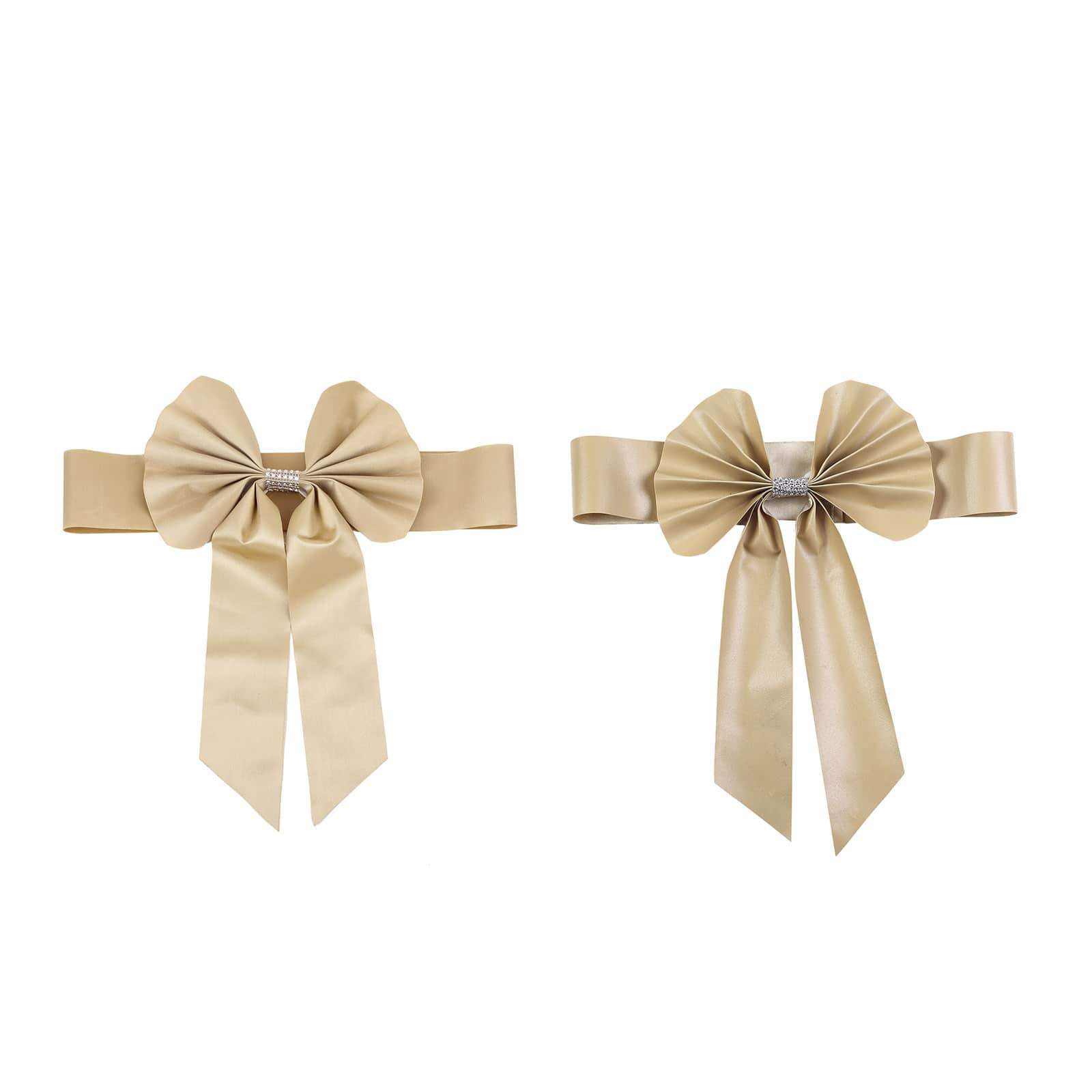 5 Pack Satin Faux Leather Chair Sashes Champagne - Durable Double Sided Pre-tied Bow Tie Chair Bands with Diamond Rhinestone Buckles