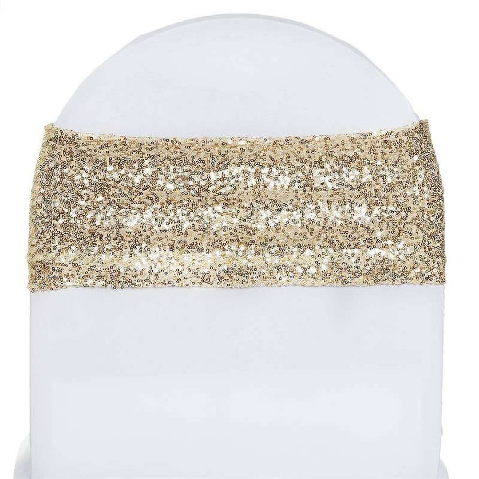 5 Pack Sequin Spandex Chair Sashes Champagne - Stretch Chair Bands 6"x15"