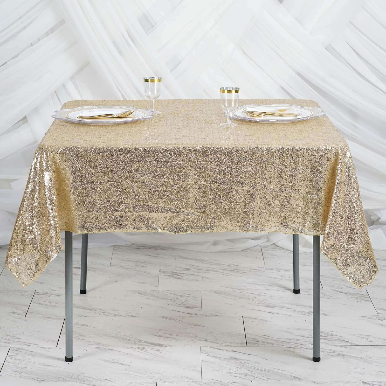 Sequin 60"x60" Table Overlay Square Tablecloth Champagne - Luxe Wedding Table Topper