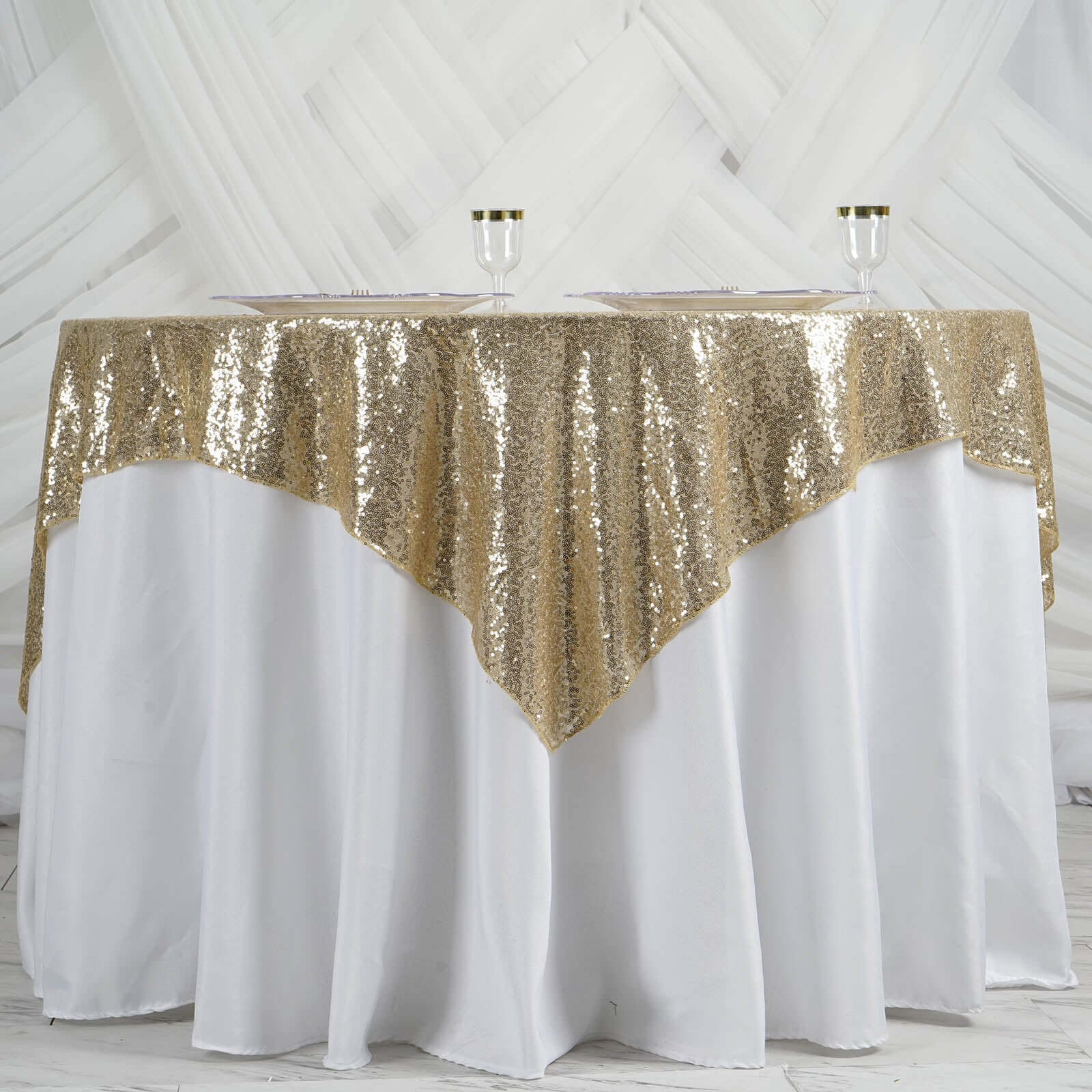 Sequin 60"x60" Table Overlay Square Tablecloth Champagne - Luxe Wedding Table Topper