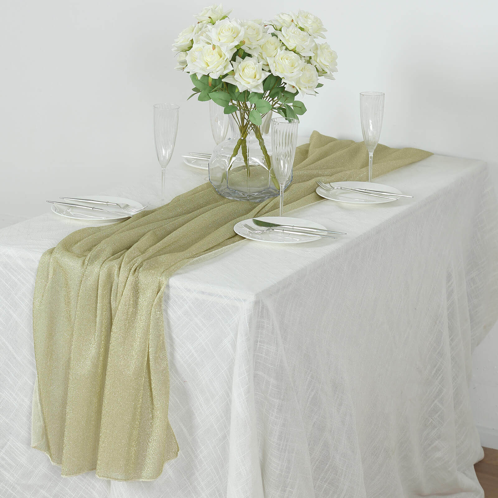 Glitter Gauze 27"x120" Table Runner Champagne - Sparkling Reusable Sheer Table Linen