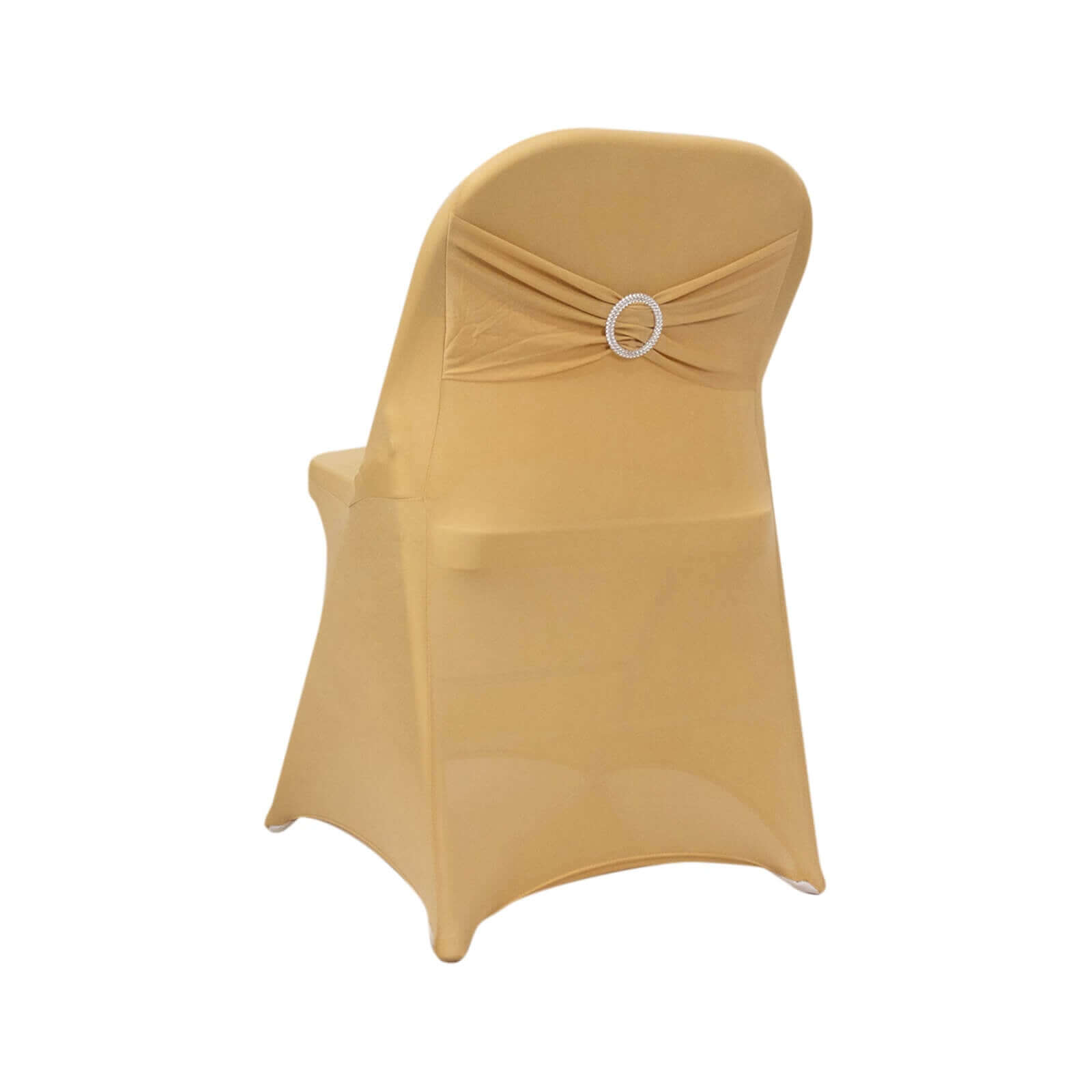 Stretch Spandex Chair Cover Champagne for Folding Chairs - Secure Fit Slipcover with Silver Rhinestone Buckled Sash Band