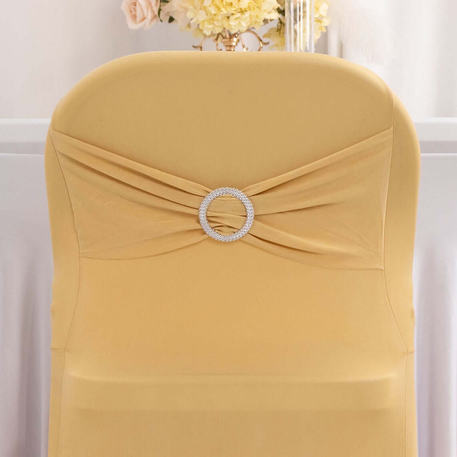 Stretch Spandex Chair Cover Champagne for Folding Chairs - Secure Fit Slipcover with Silver Rhinestone Buckled Sash Band
