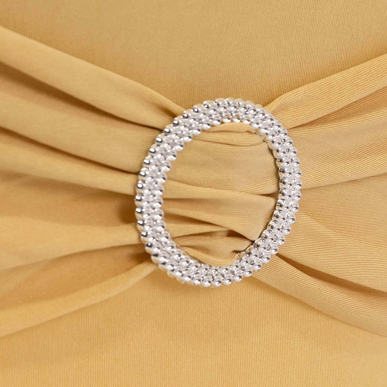 Stretch Spandex Chair Cover Champagne for Folding Chairs - Secure Fit Slipcover with Silver Rhinestone Buckled Sash Band