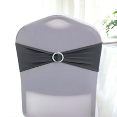5 Pack Stretch Spandex Chair Sashes Charcoal Gray - Reusable Chair Bands with Silver Diamond Ring Slide Buckle 5"x14"